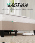 Cozy Queen Bed Frame With Upholstered Linen Headboard Heavy Duty Wood Slats Fast Ship To Your Doorstep showing 6.3" low profile storage space.