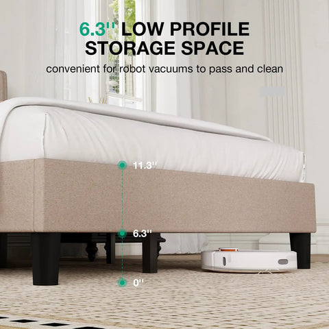Cozy Queen Bed Frame With Upholstered Linen Headboard Heavy Duty Wood Slats Fast Ship To Your Doorstep showing 6.3" low profile storage space.