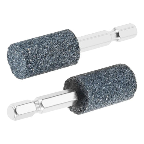 Close-up of Ten Piece 16mm Cylindrical Aluminum Oxide Mounted Grinding Stones Set With One Quarter Inch Hex Shank.