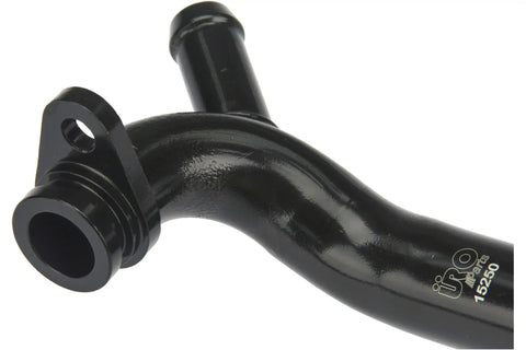 Straight Up Heavy Duty Coolant Pipe Upgrades Crack Prone Plastic To Rock Solid Aircraft Aluminum Replaces Water Pump Line For Transmission Cooler Direct Drop In Fit Black Finish, close-up of black aluminum pipe.