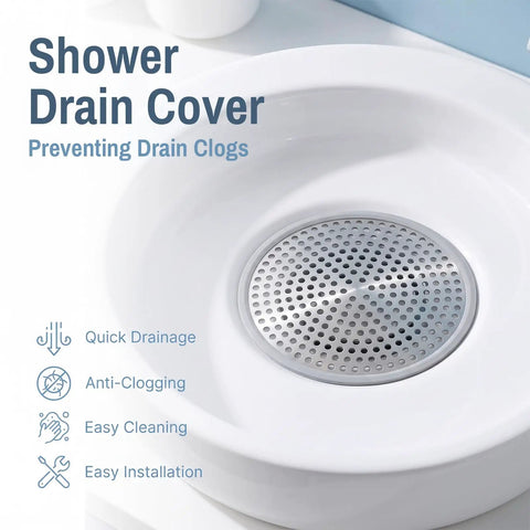 Stainless Steel Shower Drain Strainer And Kitchen Sink Hair Catcher Filter For Bathroom Plumbing Clog Prevention Solid Two Pack Set installed over a white sink.