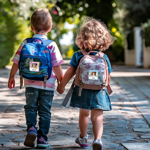 Two children walking with backpacks featuring 36 Pack Crayon Photo Nameplates For Classroom Desks And Cubbies Self Adhesive Name Tags.