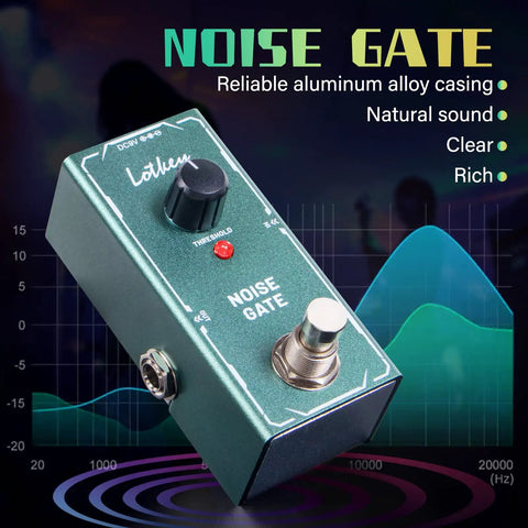 Noise Gate Pedal For Electric Guitars Mini Stompbox True Bypass 9V DC Power, Easy Three Knob Setup in aluminum casing