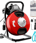 Heavy Duty Electric Drain Auger With Sharp Rotary Blades And Foot Switch For Smashing Backed Up Lines In One To Four Inch Pipes Using Tangle Free Steel Core Snake with accessories and gloves