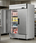 Heavy Duty Two Door Reach In Commercial Freezer 49 Cu Ft Stainless Steel Upright Deep Freeze With Eight Adjustable Shelves ETL Certified, open showing food.