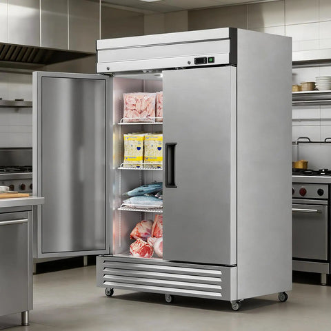 Heavy Duty Two Door Reach In Commercial Freezer 49 Cu Ft Stainless Steel Upright Deep Freeze With Eight Adjustable Shelves ETL Certified, open showing food.