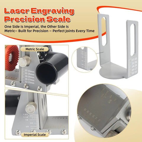 Pocket Hole Jig Kit With Vacuum Dust Collection, All Metal Pro Grade Build showing metric and imperial scale for precision joints