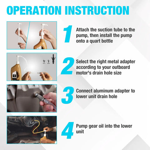 Operation instructions for Lower Unit Gear Oil Pump With Universal Adapters For Standard Quart Bottles A DIY Friendly Fluid Transfer Tool For Outboard Motors Cars And Motorcycles Includes 8mm And 10mm Adapters Plus A Third Hand Butterfly Adapter