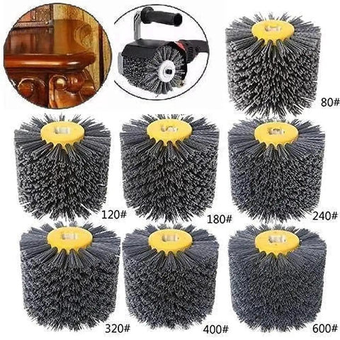 Various grits of Heavy Duty Pro Grade Abrasive Wire Drawing Wheel Drum Burnishing Polishing Brush For Woodworking Furniture And Floor Refinishing 120x100mm 180 Grit 1 Pack Ideal For DIY Pros displayed in a grid