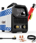 60A Plasma Cutter With Large LED Display And Dual 120V 240V IGBT Inverter Delivers Clean One Half Inch Cuts And Five Eighths Inch Max For Metalworking Projects In Home Shops And Professional Garages, shown with accessories.