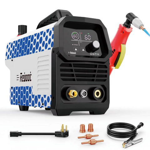 60A Plasma Cutter With Large LED Display And Dual 120V 240V IGBT Inverter Delivers Clean One Half Inch Cuts And Five Eighths Inch Max For Metalworking Projects In Home Shops And Professional Garages, shown with accessories.