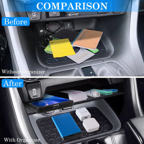 Before and after using Toyota RAV4 Center Console Organizer Upgrade, Armrest Storage Tray And Dash Tray 3 Pieces 2019-2025
