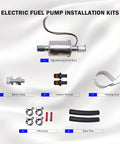 Inline 12 Volt Electric Fuel Pump For Carbureted Engines Low Pressure 5 To 9 PSI Three Eighth Inch Inlet And Outlet Universal Replacement With Installation Kit E8090 SP1141 Compatible Plug And Play Ready To Drop In Mounting For Easy Install kit components on display.
