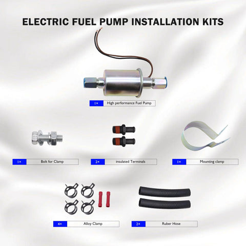 Inline 12 Volt Electric Fuel Pump For Carbureted Engines Low Pressure 5 To 9 PSI Three Eighth Inch Inlet And Outlet Universal Replacement With Installation Kit E8090 SP1141 Compatible Plug And Play Ready To Drop In Mounting For Easy Install kit components on display.