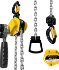Half Ton Manual Lever Chain Hoist With 1100 Lb Capacity, 10 Ft Lift, G80 Alloy Steel Chain, close-up of dual hooks and label