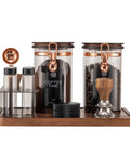 Keep Your Beans Locked Away In This Coffee Canister Set With Two Sealed Glass Jars With One Way Degassing Valves And Dark Blocking Lids Includes Four Dosing Tubes Measuring Spoon Funnel And Sturdy Rack For Your Daily Grind Routine, featuring jars with coffee and grind.