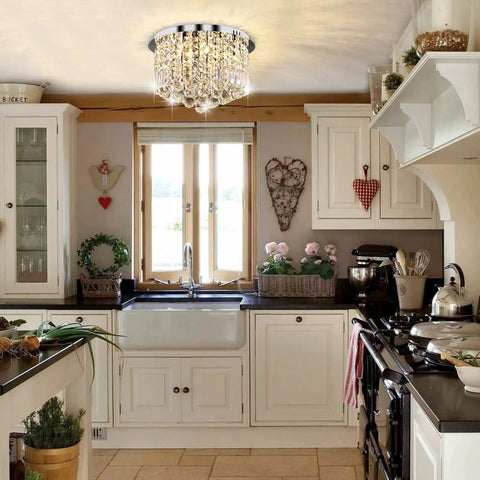 Seven Light Crystal Chandelier Pendant Ceiling Light With Sparkling K9 Crystals Modern Flush Mount Glam Fixture in kitchen setting.