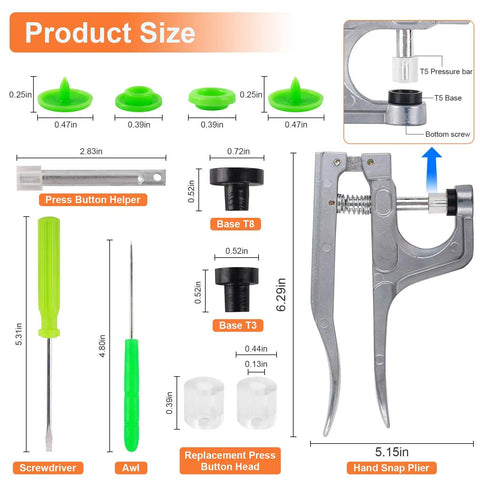 Snap Button Kit With Pliers And Tools 240 T5 Plastic Snaps for fabric, showing pliers, press button helper tool sizes.