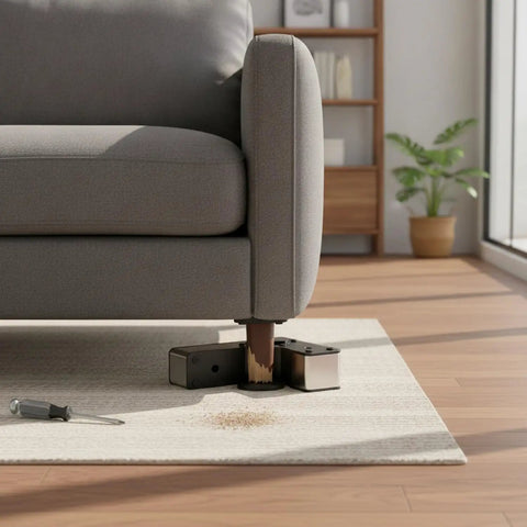Easy Install L Shaped Furniture Leg Replacement With Stainless Steel Support next to sofa showing repair process