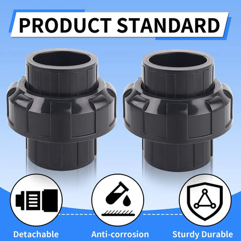 2 Inch PVC Union Coupling Kit 2 Pack For Pool Pumps And Industrial Pipelines, Schedule 80 Slip Socket Fittings, black color