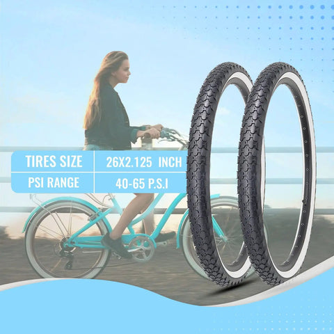 26 Inch Cruiser Bike Tire Replacement Set With Two Tubes And Levers, White Sidewall Folding Tires 26x2.125 Inches displayed