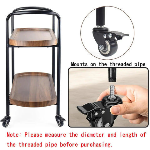 Heavy Duty 2 Inch Swivel Casters With Dual Locking Polyurethane mounted on a cart with wooden shelves for easy mobility.