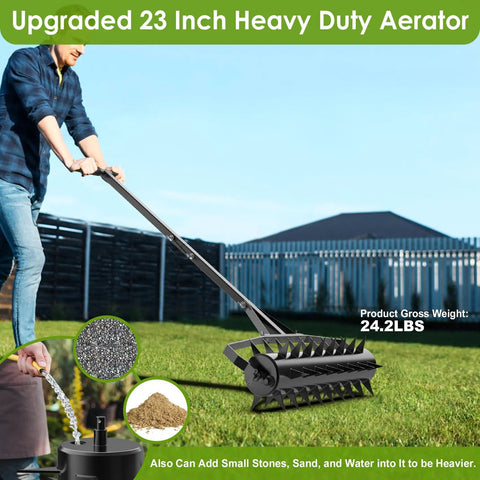 Rolling Lawn Aerator 23 Inch With Heavy Duty 2 Inch Star Shaped Spikes And Adjustable Height Handles Manual Garden Aerator Tool in use on grass