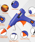 Blue glue gun from Five Color Mini Hot Glue Gun Kit With Storage Box, 10 pack with 50 clear glue sticks, detailing features and specifications.