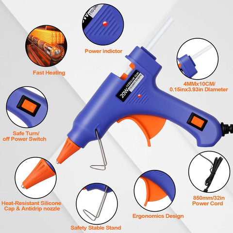 Blue glue gun from Five Color Mini Hot Glue Gun Kit With Storage Box, 10 pack with 50 clear glue sticks, detailing features and specifications.