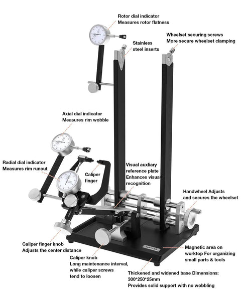 Pro Grade Bicycle Wheel Truing Stand with Aluminum Alloy Base, Magnetic Tool Holder, and Precision Dial Indicators