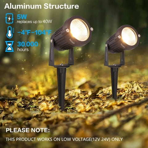 Eight Pack Low Voltage LED Landscape Lights 5W 12V Waterproof Warm White Pathway Garden Yard Spotlights with stakes in garden.