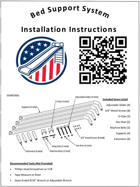 Heavy Duty Bed Slats Center Support System installation instructions with detailed parts list and QR code.