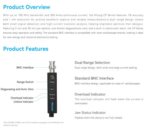 Top Shelf High Frequency AC DC Current Probe Packing 8MHz Bandwidth And 300 Amp RMS Plus 500 Amp Peak Range With Straight Up Percent Accuracy And Crisp Ten Milliamp Resolution For Zero Hassle Scope Testing, showcasing BNC interface and features.