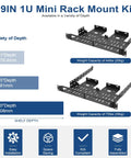 19IN 1U Mini Rack Mount Kit shows various depths and weight capacities, designed for heavy duty use and easy installation.