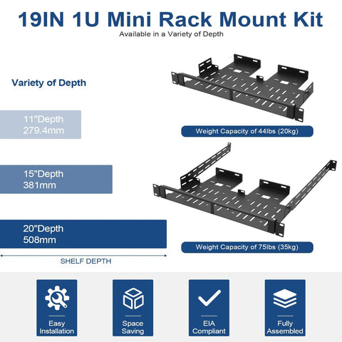 19IN 1U Mini Rack Mount Kit shows various depths and weight capacities, designed for heavy duty use and easy installation.
