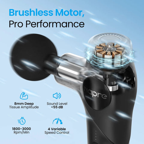 Close-up of brushless motor feature on 3 In 1 Detachable Massage Gun With Heat For Deep Tissue Relief Grab And Go Portable Mini Percussion Massager With Extension Handle 5 Heads Quiet Handheld Design With Case For Back Neck Shoulders And Body.