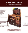 Professional Engineer’s Tool Case with 17 pockets, quick-release snap, and built-in dividers, top-grain leather, Made in USA.
