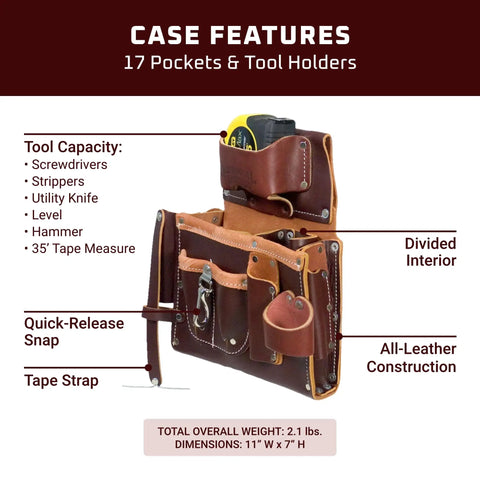 Professional Engineer’s Tool Case with 17 pockets, quick-release snap, and built-in dividers, top-grain leather, Made in USA.