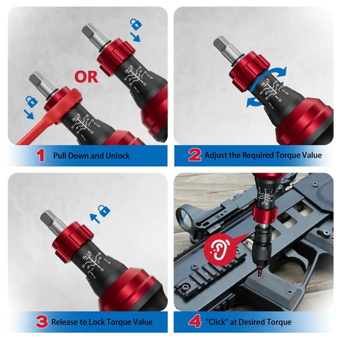One Quarter Inch Torque Screwdriver Set For Gunsmithing With Pro Grade Feel And Adjustable From Ten To Sixty Inch Pounds Thirty Six Piece Bit Kit Including Philips Hex Slotted And Torx S2 Steel Bits And Aluminum Handle For Tough Reliable Performance. torque adjustment steps