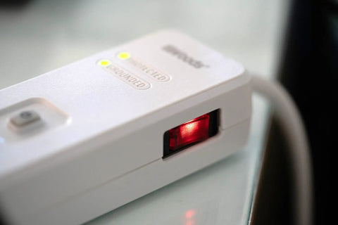 Close-up of the Energy Saving Surge Protector Power Strip With 1080J Protection And 80 Foot Wireless Remote Control, white.