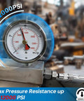 Pressure gauge showing up to 12000 PSI, highlighting the Heavy Duty 4 Jaw Quick Release Grease Gun Coupler's high pressure capability.