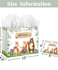 13 Inch Large Baby Gift Bag With Handle In Sage Green, Kid Friendly Woodland Animals Design, Includes Tissue Paper And Greeting Card