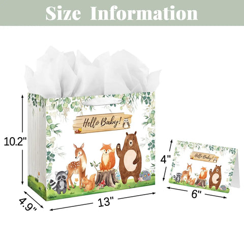 13 Inch Large Baby Gift Bag With Handle In Sage Green, Kid Friendly Woodland Animals Design, Includes Tissue Paper And Greeting Card