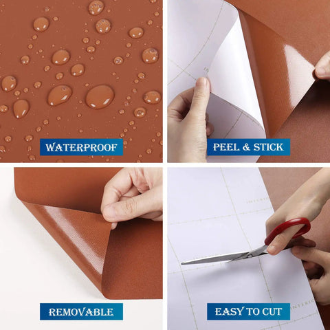 Matte Brown Peel And Stick Contact Paper Removable Wallpaper showing waterproof, peel and stick, easy to cut, and removable features