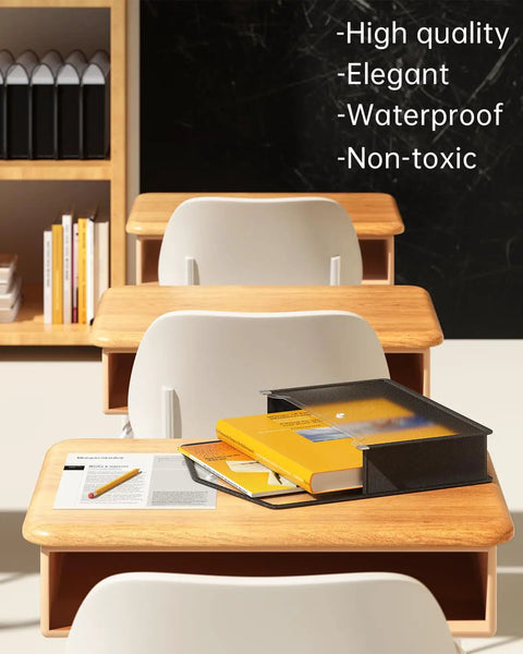 Black Transparent Expanding File Folder 7 Pack With Snap Closure No Dividers Large Capacity 13 By 9.8 Inch on a desk.