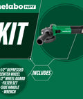 Powerful 4-1/2 Inch Angle Grinder With 12 Amp AC Brushless Motor, Variable Speed, 3-Position Side Handle, Kit Components Visible