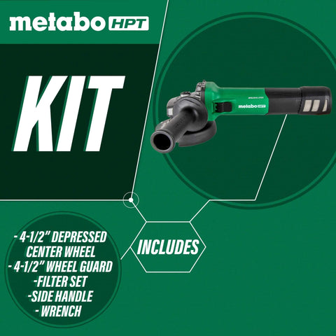 Powerful 4-1/2 Inch Angle Grinder With 12 Amp AC Brushless Motor, Variable Speed, 3-Position Side Handle, Kit Components Visible