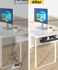 Before and after using Under Desk Cable Management Tray 31.5 Inch Two Pack Cord Organizer And Hider for office desk cable setup.