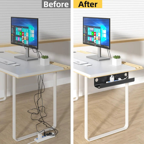 Before and after using Under Desk Cable Management Tray 31.5 Inch Two Pack Cord Organizer And Hider for office desk cable setup.
