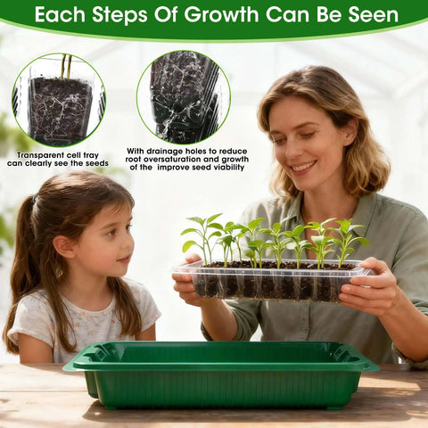 Woman and child examining seedlings in 80 Cell Seed Starter Tray Kit With Grow Lights For Seedling Growth 2 Pack Adjustable Brightness Humidity Dome Smart Timer Watering Sprayer Seeder Plant Germination Kit